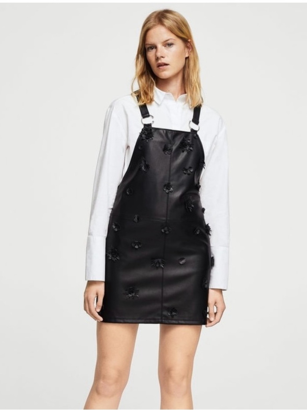 MANGO Black 3D Floral Appliqué Faux-Leather Urban Goth Sleek Overall Mini Dress